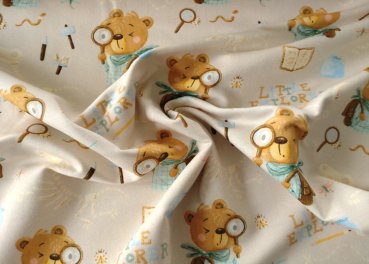 Preview: Little Explorer beige Sweatstoff Hilco French Terry geraut mit Bären Kinderstoff Preview: Little Explorer Hilco Sweatstoff angeraut in beige mit Bärenfiguren auf Entdeckungsreise